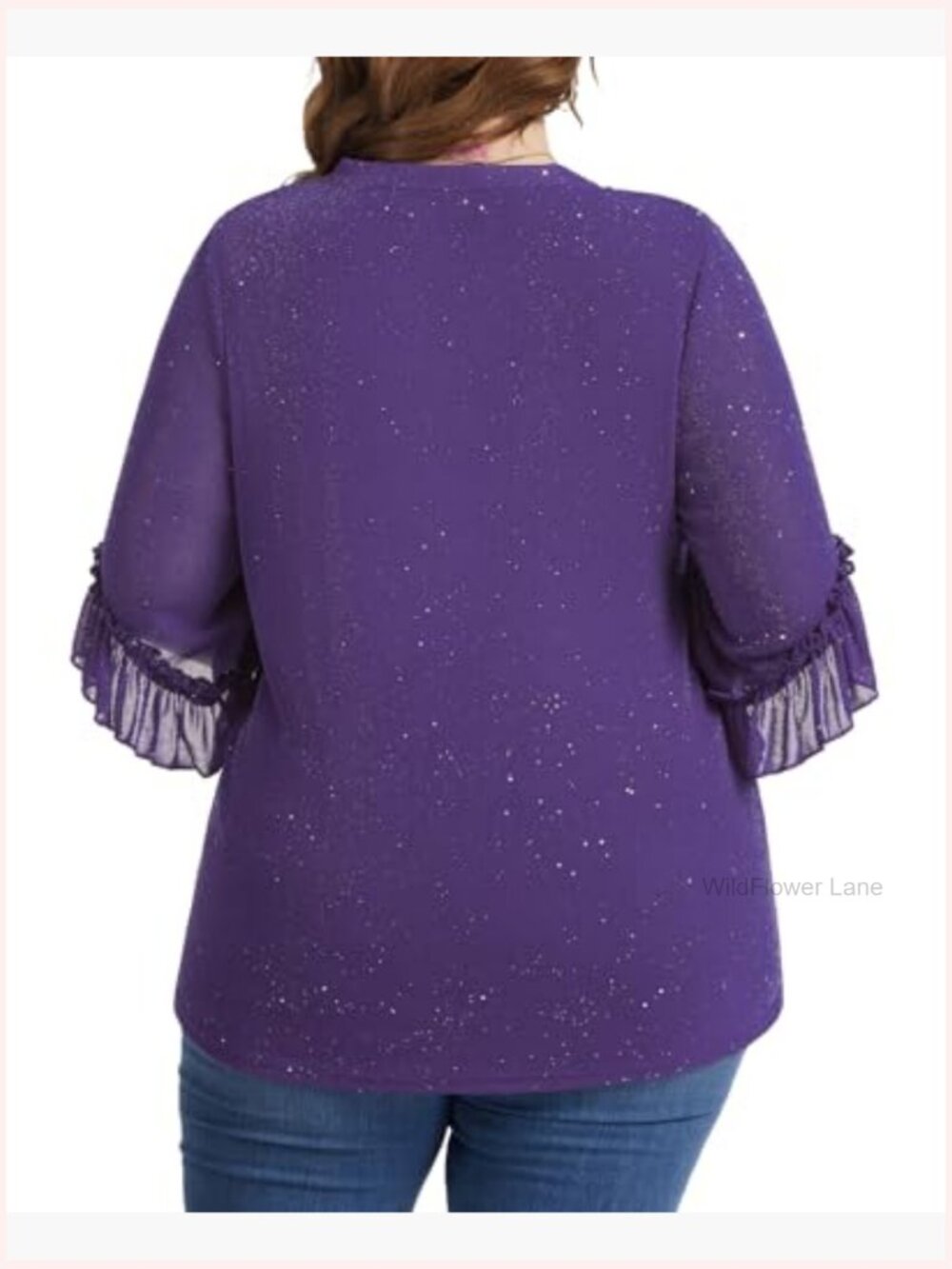 Plus Size Sequin Mesh V Neck Top Ruffled 3/4 Sleeve Blouse Party - Picture 3 of 7
